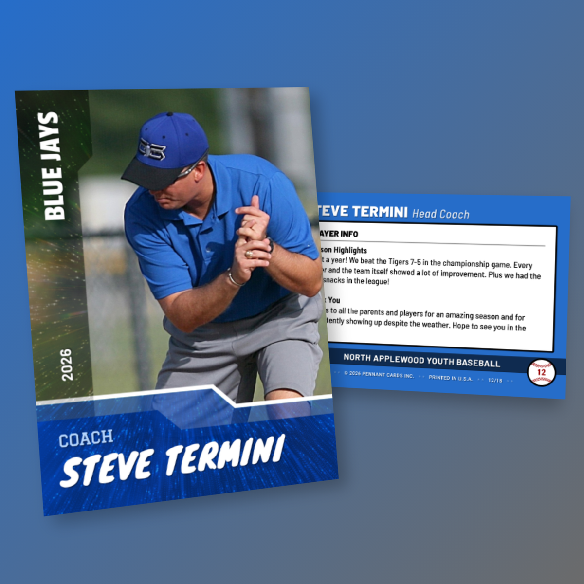 Custom trading card for a coach, showing the front and the back with a personal message