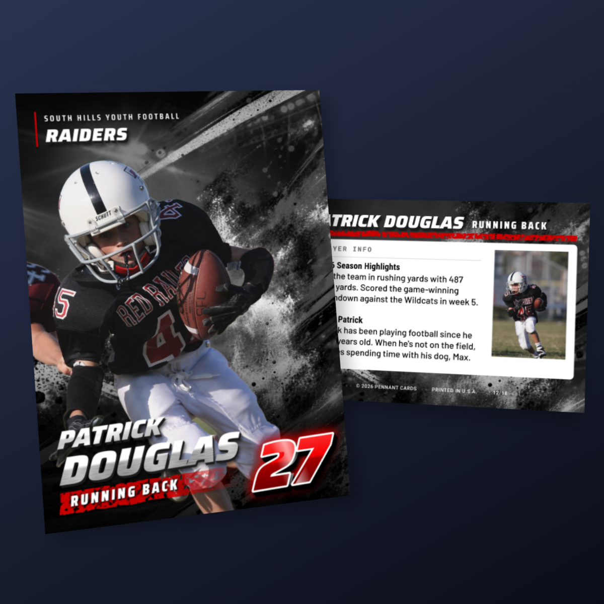 Jumbotron card design, football player card front and back