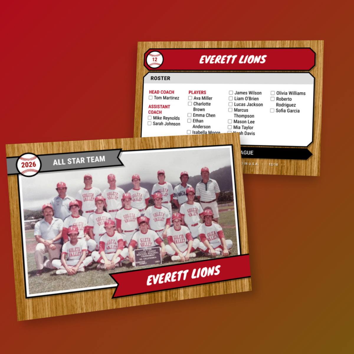 Team card with the full roster printed on the back