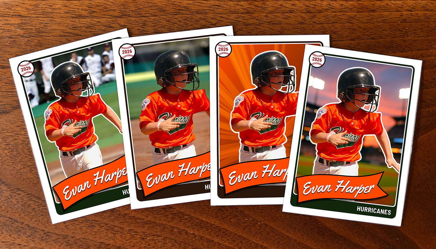 Four examples of the same card with different custom backgrounds