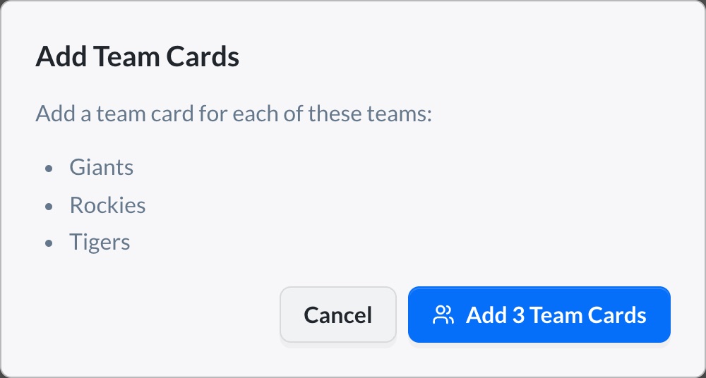 The Add Team Cards dialog listing three teams