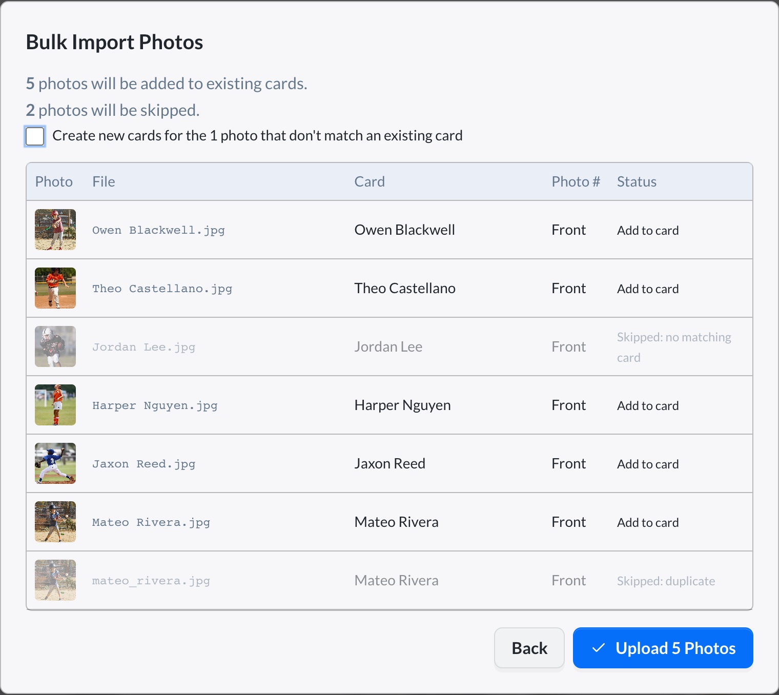 The Bulk Import Photos preview, with matched photos, one skipped as a duplicate, and one with no matching card