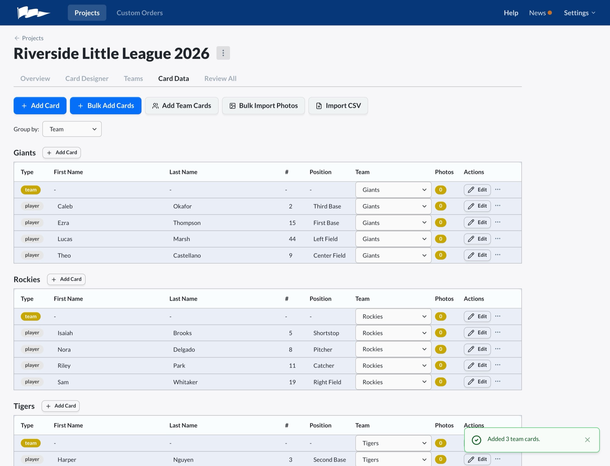 The Card Data tab after import, with cards grouped by team