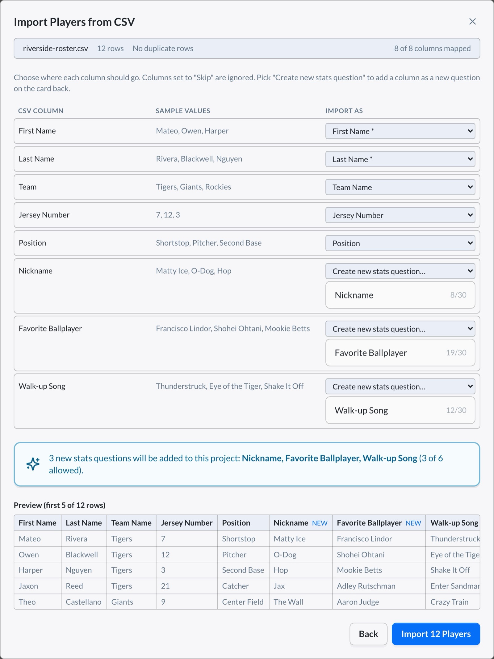 The Import Players from CSV screen, with each spreadsheet column mapped to a card field or a new stats question
