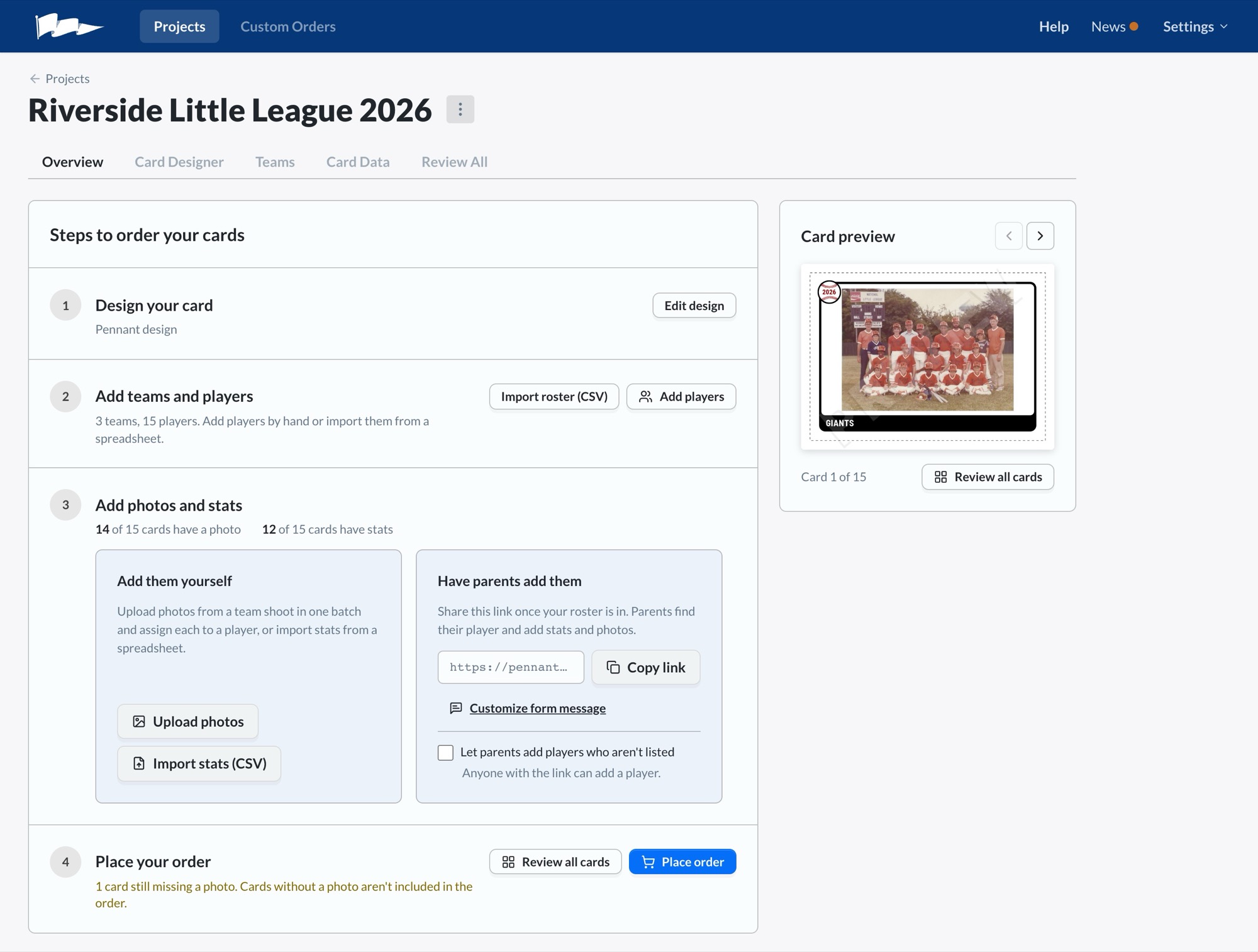 The project Overview tab, showing how many players have photos and stats, the parent form link, and the order step