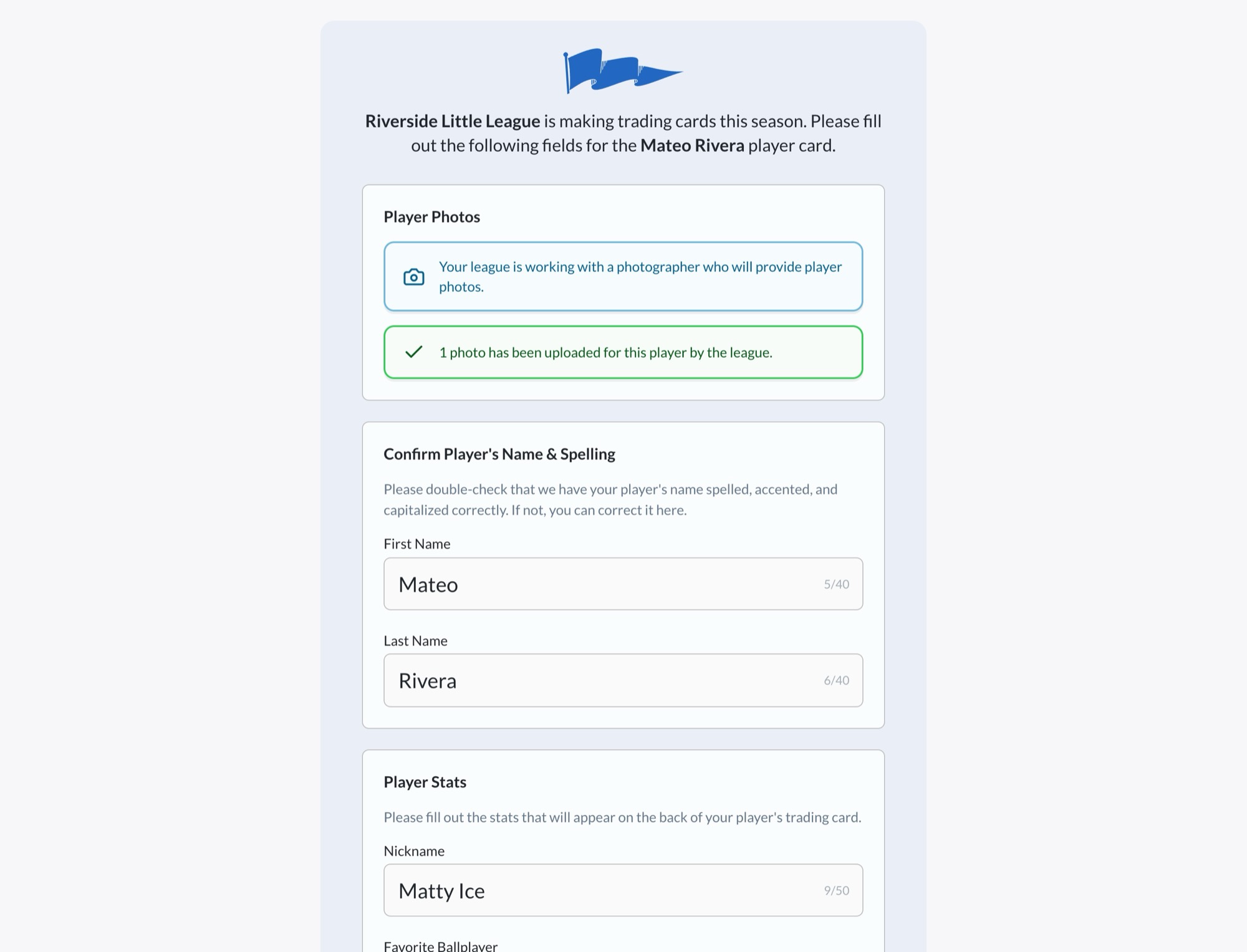 The parent form for one player, with name confirmation and the stats questions