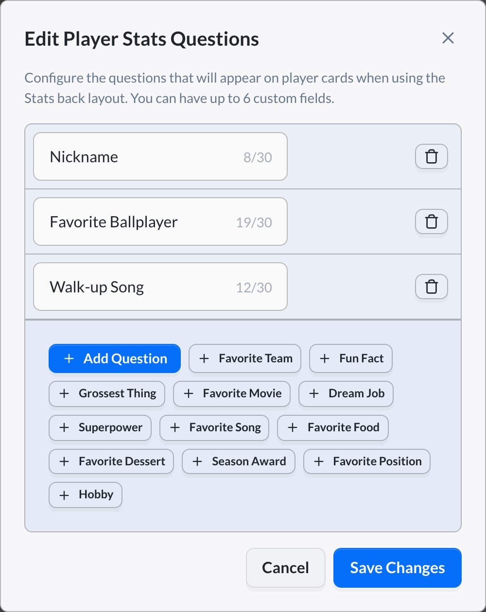 The Edit Player Stats Questions dialog with Nickname, Favorite Ballplayer, and Walk-up Song, plus suggested questions