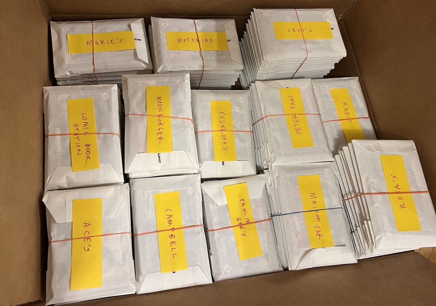 The cards all packaged up and ready to go