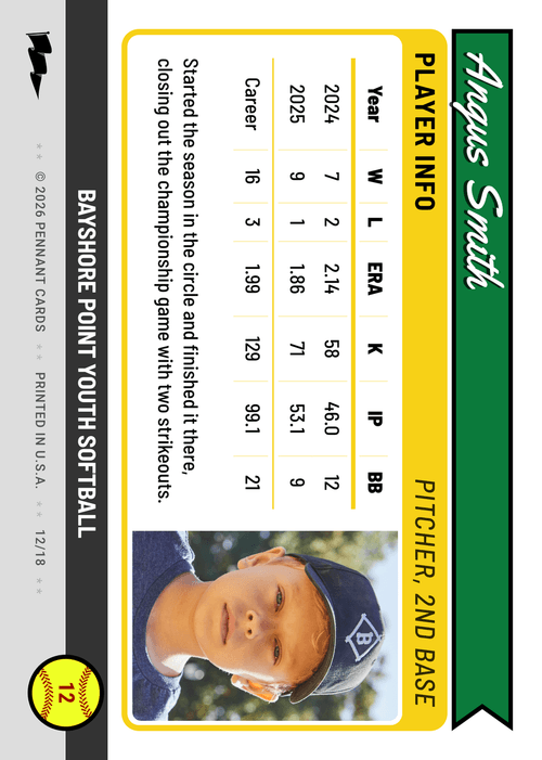 Back of a custom softball card with a pitching stats table and a season write-up