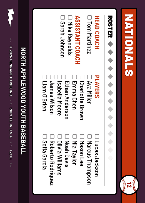 Back of a personalized team card with roster