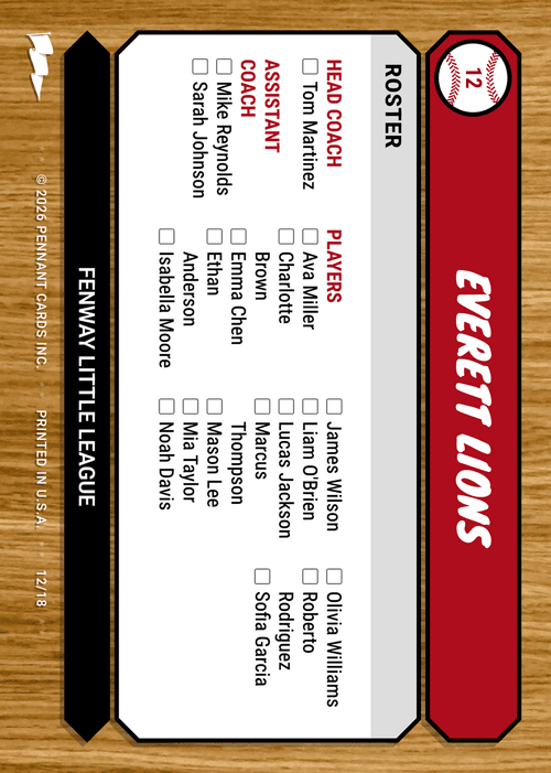Back of a card with the full team roster